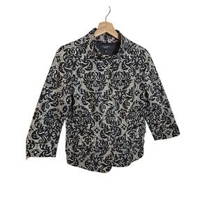 Talbots Damask Print Jacket Black & White Buttons Cropped Sleeves Size 2